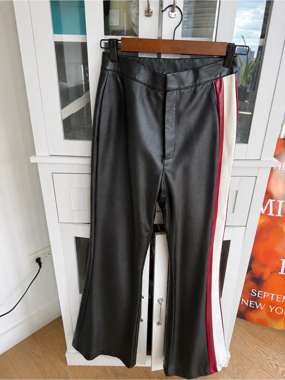 Cynthia Rowley Black Faux Leather Pants with Red and White Side Panels
